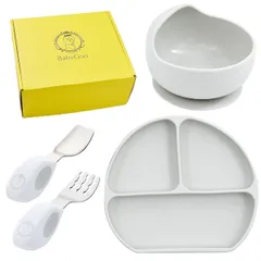 【人気商品】くっつく 赤ちゃん 赤ちゃん 人気 出産祝い シリコン プレート すくいやすい ボウル 吸盤 スプーン 離乳食 フォーク トレーニングカトラリー ひっくり返らない 食品衛生検査済み ベビー食器セット (スモーキーホワイト BabyGoo 4点セッ