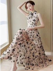 繊細な花柄?トレンドロングワンピース　結婚式パーティーに最適