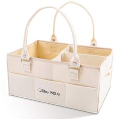 Ciilee Baby おむつストッカー オムツバッグ 大容量 取り外せハンドル オムツケース 折りたたみ ベビー 収納ボックス カゴ 車載旅行用バック 収納カコ 小物入れ 軽便 ベビー用品 育児用品入れ (仕切り3つ(ベージュ)) 0