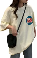 myuse tシャツ レディース 半袖 ゆったり ロゴ トップス オーバーサイズ ティーシャツ ルームウェア( ホワイト,  L)