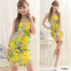 チャイナドレス コスプレ セクシー ミニ丈 チョーカーセット イエロー 花柄 撮影用 イベント 衣装 仮装 中華服 ワンピース 華やか 可愛い カラーイエロー