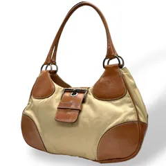 希少 PRADA プラダ ワンショルダー ショルダーバッグ ナイロン レザー ベージュ ブラウン 三角ロゴプレート バケット ベルトデザイン C4