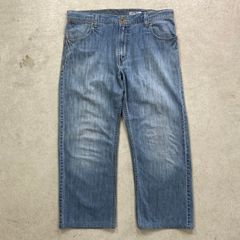 極太】00s RAW BLUE グリーンキャスト デニムパンツ 刺繍 ロゴ刺繍 