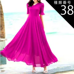 種類38：ローズレッド/3XL ワンピース シフォンドレス フレアワンピース ロング丈 袖あり 5分袖 トランペットスリーブ Vネック Aライン ハイウエスト かわいい 大人可愛い きれいめ シンプル 上品 おしゃれ レトロ  キュート とろみ感 エレガンス 
