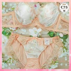 ★C75/M☆美胸ブラ＆ショーツセット 脇高 美シルエット 谷間メイク 脇サイドスッキリ 水彩フラワー オレンジ