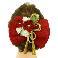 髪飾り リボン 卒業式 袴 成人式 つまみ細工 赤 振袖 前撮り 白 ちりめん 組紐 房 房付き 和柄 かんざし 日本製 粋 華やか レ No.9-2931