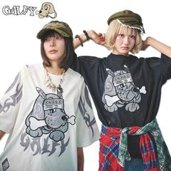 GALFY アーチ刺繍グランジ長袖Tシャツ ロンT 犬 オーバーサイズ y2k