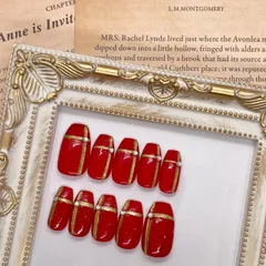 ⑦【ネイルチップ】ジェルネイル バレンタイン 赤 ゴールド ミラパ ストーン 大人ネイル 推し活 推しカラー オリジナル  サイズ変更可 オーダー受付中