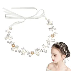 【迅速発送】サムコス 髪飾り 花 クリスタルビーズ パール 花かんむり リボン ホワイト ヘッドドレス 花冠 ヘアアクセサリー 結婚式 発表会 披露宴 卒業式 パーティー ダンス 和装 撮影 写真 子供 大人用 (Aゴールド)