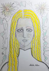 Akihiko Mihara, Salon d'Automne selected artist [yellow beauty] Original drawing, female portrait, figure painting, small piece, painting, fine art, interior art, miscellaneous goods, contemporary art, pencil drawing, brush pen art, illustration, beautiful woman, colored pencil drawing, flower, yellow, art, interior coordination