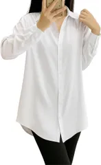 bubu o_hana(ブブ オーハナ) シャツ ブラウス 長袖 無地 ロールアップ スリーブ ワイシャツ 長め ポケットレス レディース 女性 用 春 夏 秋 冬 服 レギュラー カラー(ホワイト,  M)