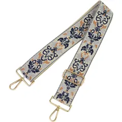 [HSE金丸商店] ショルダーストラップ 刺繍 幅広 花柄 ボヘミアン チェック レオパード (ベージュ＆ブルー ヴィンテージフラワー, 幅5cm) [幅5cm] [ベージュ＆ブルー ヴィンテージフラワー]