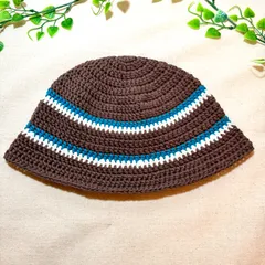 SS-20 春夏用 クラッシャーハット バケットハット コットン 男女兼用 ハンドメイド　手編み クロシェハット ブラウンXブルーグリーンXオフホワイト