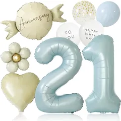 【新品】 deerzon くすみブルー 21歳 くすみカラー 数字 バルーン 誕生日 飾り付け 10点 セット 大きい 65cm くすみ ニュアンスカラー ナンバーバルーン バースデー 0