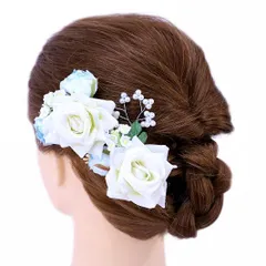 髪飾り 成人式 振袖 前撮り 袴 花 浴衣 夏祭り 花火大会 豪華3点セット 白 水色 薔薇 バラ パール ヘアアクセ かんざし ヘッド No.9-3650