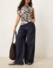 【送料無料】 マンゴ レディース カジュアルパンツ ボトムス Mango linen mix denim look elastic waist wide leg pants in dark blue Dark blue
