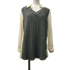 アクシーズファム axes femme カットソー シャツ プルオーバー スキッパー レイヤード風 ドッキング 切替 ニット レース ビジュー 長袖 M ベージュ グレー