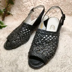 銀座ヨシノヤ　メッシュバックストラップパンプス　オープントゥ　レザー　ブラック　23㎝