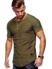 Tシャツ半袖シャツ上腕筋を魅せるワイルドでセクシーなシルエット丸首メンズ tシャツ カットソー 半袖ポロ トップス カジュアル スポーツウェア(グリーン)