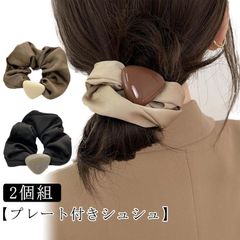 ヘアゴム 時短 華やか 【2個組】シュシュ 大人 ヘアアクセ レディース  プレート付き  こなれ感 シフォン 上品 モード 簡単 アレンジ おしゃれ 韓国 秋冬 大人っぽい シンプル かわいい プレ#sowa6585695