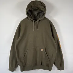 古着 カーハート Carhartt パーカー プルオーバー フーディ スウェット 裏起毛 ルーズフィット ヘビーウェイト 袖ロゴ L  カーキ系 メンズ