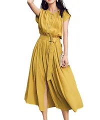 [Four leaf] ワンピース レディース 夏服 半袖 ロング丈 フレア スカート 通勤 おしゃれ フレンチスタイル 上品 (JP, アルファベット, XL, イエロー) [イエロー] [XL]