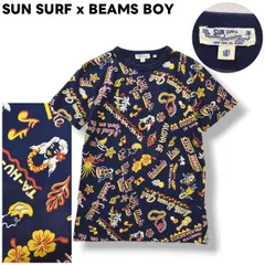 日本製 サンサーフ SUN SURF x ビームス ボーイ BEAMS BOY ハワイアン プリント Tシャツ クルーネック カットソー 横割り M 総柄 ネイビー アメリカン カジュアル ウェア レディース ♪