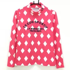 【美品】ルコック 長袖ハイネックシャツ ピンク×白 ダイヤ柄 ロゴ刺しゅう 総柄 レディース L ゴルフウェア le coq sportif