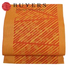 【中古】 名古屋帯 八寸 合成繊維 オレンジ系 ゴールド マスタード系 松葉仕立て 全通柄 ストライプ 和装 呉服 和服 きもの レディース 女性