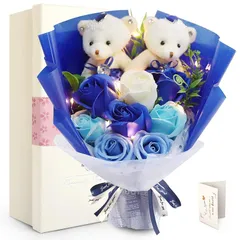 FAUHAL LEDつきのバラ ソープフラワー くま 枯れない花 石鹸 花 バラ 造花 花束くま束 ブーケ ぬいぐるみ花束(ベア2匹、ローズ８輪) 母の日のプレゼント 結婚記念日 新年 デート お礼用 お子さんに 昇進 転居など最適としてのギフト メッセー 0