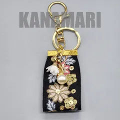 [238]インド刺繍リボンのキーホルダー・バッグチャーム（黒系）、ハンドメイド