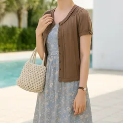 【最終値下げ！】＼着回し力×上品ブラウンで大人映え🌿／ バナナリパブリック＊BANANA REPUBLIC＊半袖カーディガン＊コットン×シルク＊XSサイズ🌼