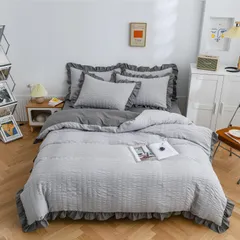 【在庫セール】洋式和式兼用 ピーチスキン加工 寝具カバーセット 洗い替え ボックスシーツ 枕カバー ベッドカバー 掛け布団カバー フリル付き 速乾タイプ(パッチワーク・グレーセミダブル・4点セット) シアサッカー生地 セミダブル・4点セット AYO 布団カバー