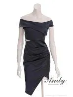 ネイビー [AN-ON2929]【Andy/アンディ】ストレッチ/ サテン/ アシンメトリー/ オフショルダー/ ウエストカット/ ドレープ/ タイト/ ミニドレス/ ワンピース/ キャバドレス
