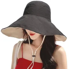 ブラック [Aquamie] 日除け 帽子 つば広 折り畳み 日よけ レディース サマー ハット 日焼け防止 紫外線 UV カット あご紐付き 綿 リバーシブル (ブラック)