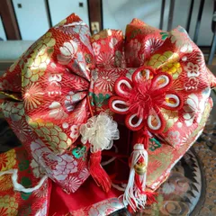 ⑫ 七五三 結び帯 レッド ゴールド系 7歳用 レトロ 作り帯 S246