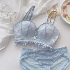 031ブルー　ノンワイヤーブラジャーショーツセット　盛りブラ　ブラショーツセット