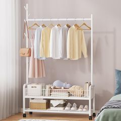 【特価セール】S-Size) (ホワイト 洋服ラック おしゃれ 棚付き 両側のフック付き パイプハンガー キャスター付き 防サビ 頑丈 幅85×奥行36×高さ176cm 耐久耐荷重 室内干し 多機能収納， 組立簡単 ，コートハンガー大容量収納ラック ハンガーラ