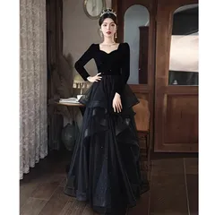 ドレス レディース ロングドレス 黒 ベルベット 長袖 晩礼服 パーティー 演奏会 発表会 ステージ衣装 年会 エレガント 小衆デザイン 秋冬