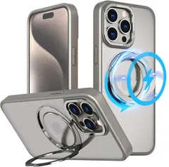 縦置き対応 iPhone 15 Pro Max ケース Magsafe対応 360度回転スタンド 丸型 マグネット搭載 アイフォン15 プロ マックスカバー あいほん15 Pro Max スマホケース 耐衝撃 カメラレンズ保護 半透明 ワイヤレス充
