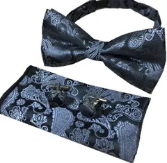 蝶ネクタイ　チーフ　カフス　3点セット　 ペイズリー　結婚式　イベント　パーティー　バーテンダー　ダンスパーティー　グレー　シルバー色　卒業式　入社式　入学式　格安　小物　セール　メンズネクタイ　ワンタッチ　ポケットチーフ　カフスボタン　3点