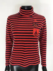【USED】le coq sportif ルコック タートルネック 長袖 シャツ ボーダー ロゴ刺繍 レッド系 赤 ネイビー 紺 レディース M ゴルフウェア