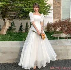 ウエディングドレス サテン Aライン 前撮り 半袖 ドレス ホワイト パフスリーブ 袖 ボリューム 二次会 結婚式 0380