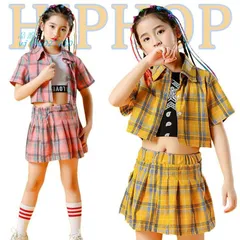 へそ出し キッズ ダンス衣装 チェック柄 トップス 韓国 女の子 スカート 応援団 ショート丈 チアガール セットアップ ヒップホップ 発表会 黄色 Tシャツ  vii3u027610