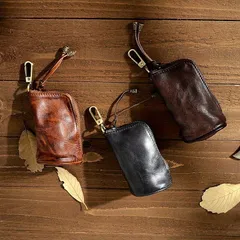 小銭入れ コインケース メンズ レディース カラビナ付き 本革 財布 コンパクト 大容量ヴィンテージ キーポーチ キーケース ミニ財布 腰掛けタイプ アメカジ レトロ ブラック コーヒー ブラウン 3カラー カードケース