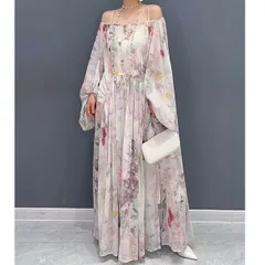 ワンピース Aライン 長袖 レディース 結婚式 お呼ばれ マキシワンピース フォーマル ワンピ リゾートワンピ リゾートワンピース 花柄 プリント オフショルダー2way ホワイト 1298