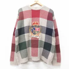 L/古着 ラルフローレン チャップス 長袖 ブランド セーター メンズ 90s ビッグロゴ 刺繍 コットン クルーネック 薄茶他 ブラウン チェック 