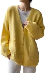1/2plus ニブンノイチプラス カーディガン ジャケット 無地 ポケット付き 長袖 レディース 黄色( イエロー,  M)