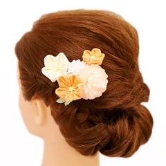 髪飾り 成人式 つまみ細工 振袖 前撮り 袴 浴衣 夏祭り 花火大会 豪華3点セット オレンジ 橙色 白 ちりめん ラインストーン ヘ No.9-3662