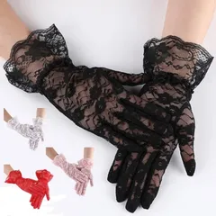レースのグローブ 手袋 手首ラッフル ウエディング ブライダルアクセサリー アームカバー ネイル 葬式 日焼け対策 フラワーレース ショート丈グローブ パーティー結婚式披露宴ハロウイン仮装冠婚葬祭ダンス黒ブラック白ホワイト赤レッド ピンク★2